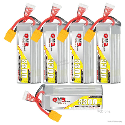 Five GNB 3300mAh LiPo batteries shown as set, four upright plus one horizontal