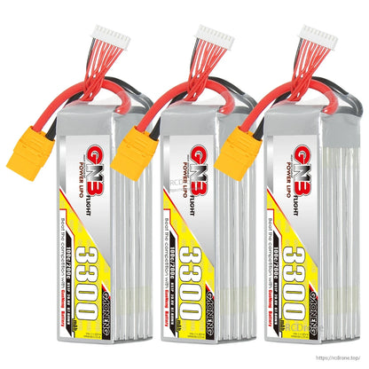 Three-pack bundle of GNB 3300mAh LiPo batteries with balance leads and yellow XT90 connectors