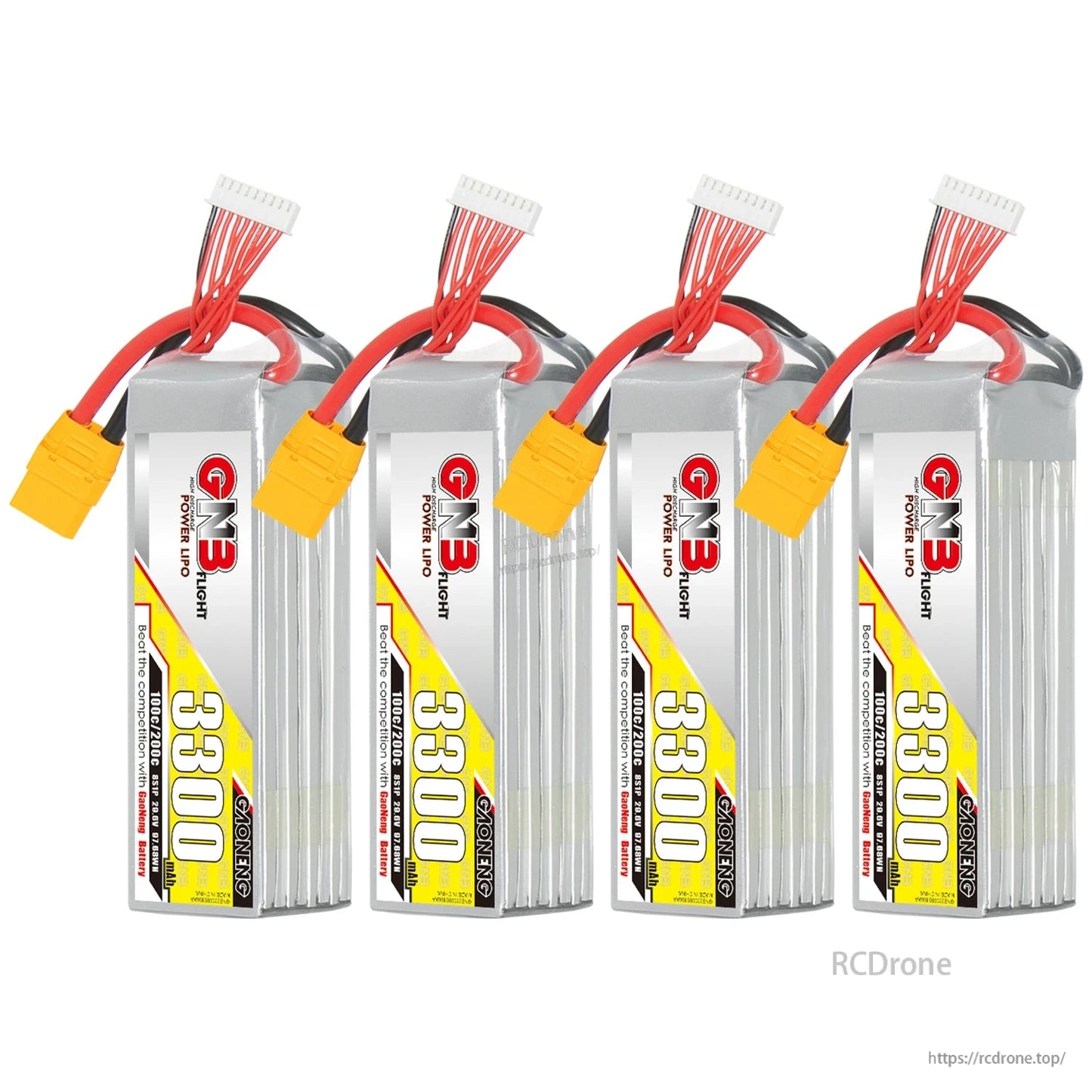 Four-pack bundle of GNB 3300mAh LiPo batteries shown upright with XT90 connectors