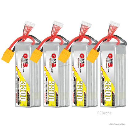 Four-pack bundle of GNB 3300mAh LiPo batteries shown upright with XT90 connectors