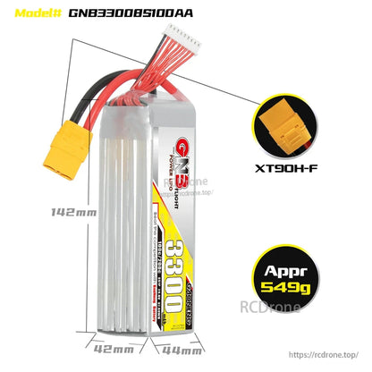 GNB 8S 3300mAh LiPo battery dimensions diagram (142 x 42 x 44 mm) with XT90H-F connector callout