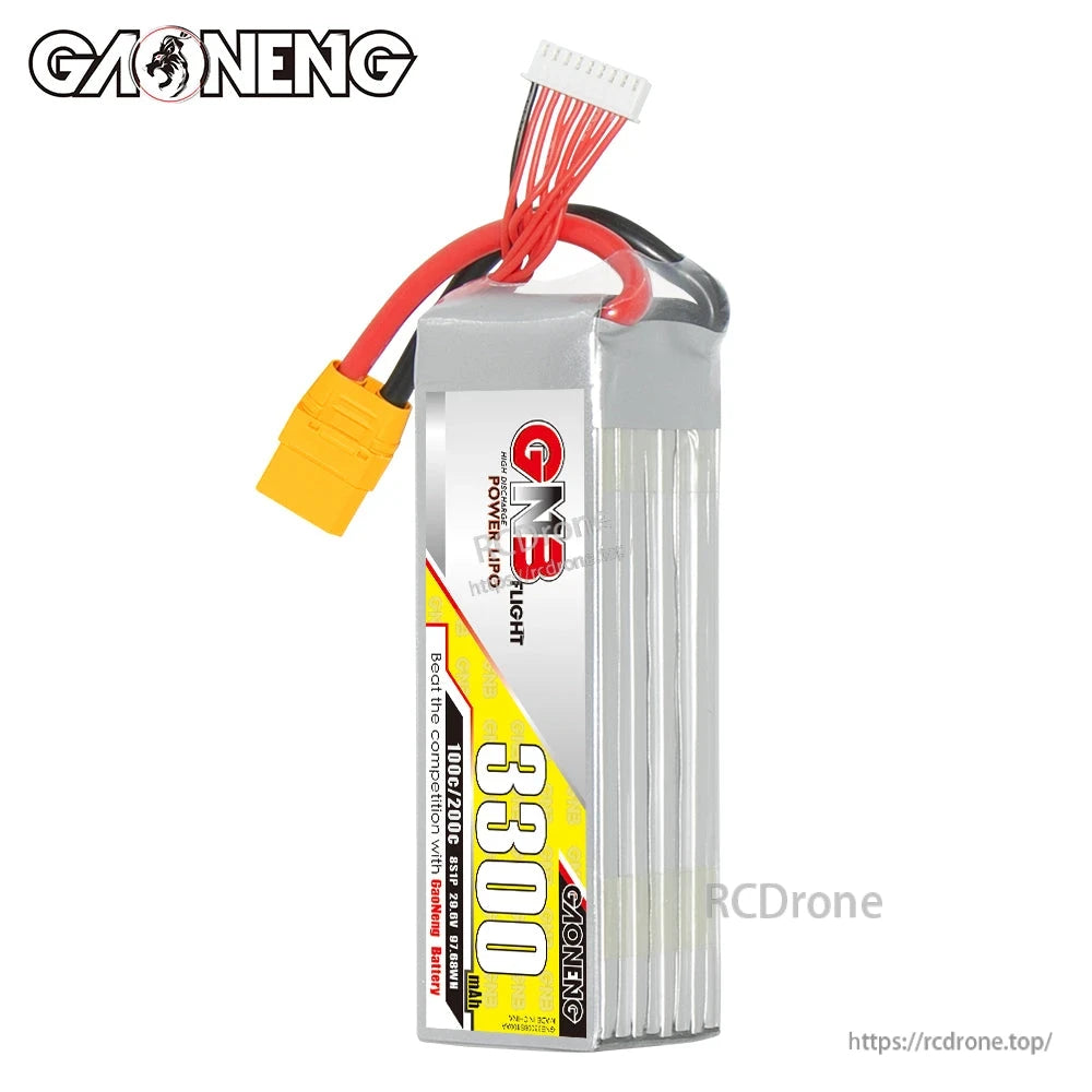Side view of GNB 3300mAh LiPo battery showing stacked cell profile, leads and yellow XT90 plug