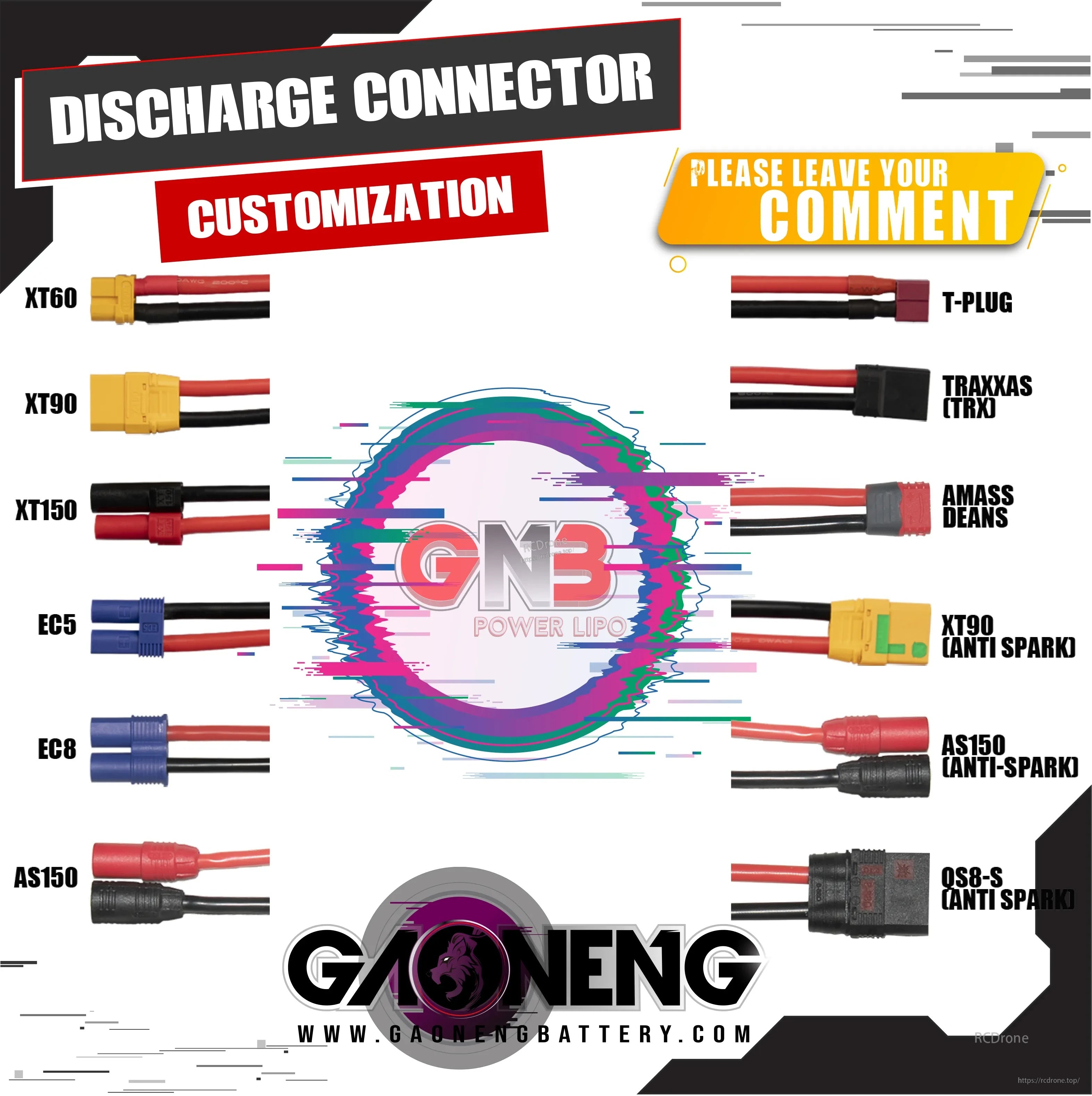 GAONENG GNB LiPo battery discharge connector customization options, including XT150, XT90, EC5, AS150 and QS8-S