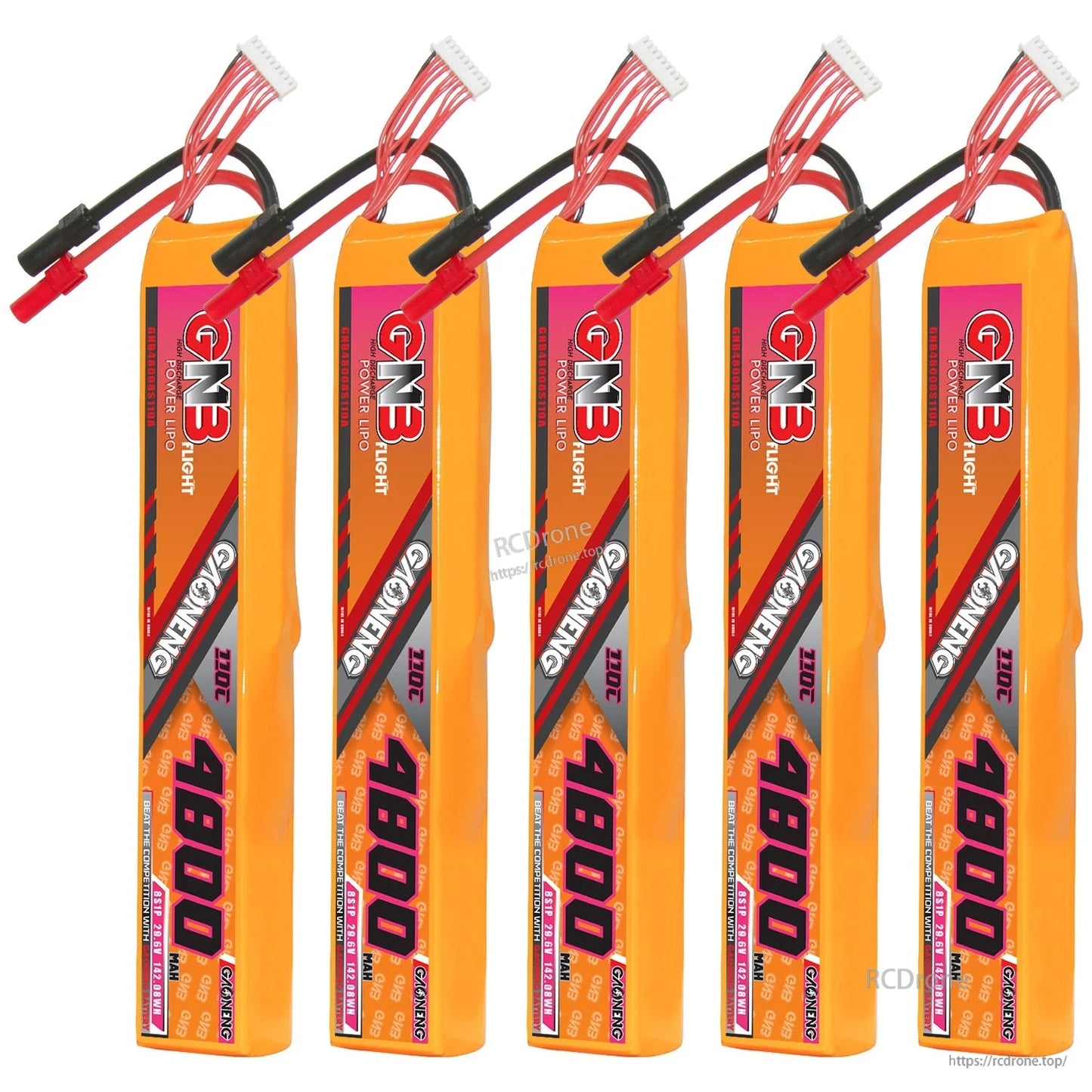 Five battery packs displayed upright in a row, showing matching labels, balance leads, and XT150 connectors