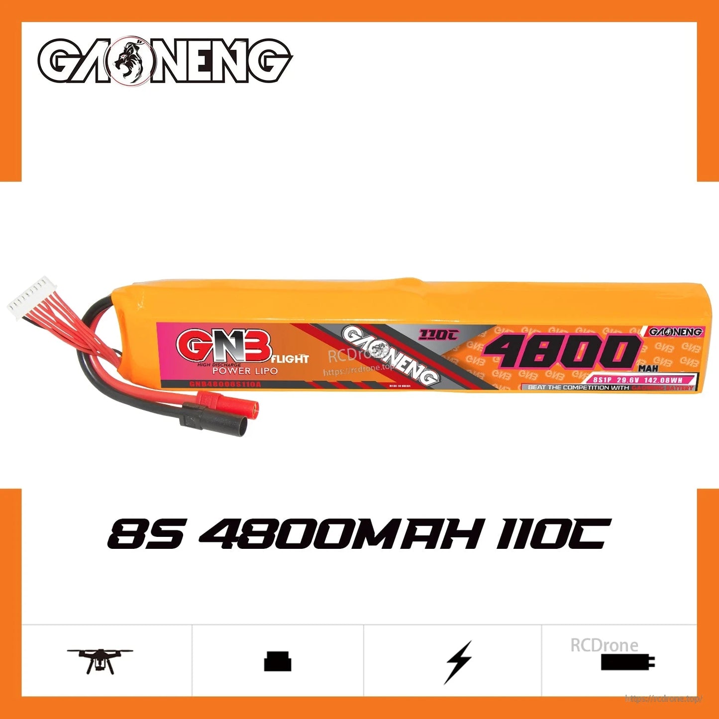 Side profile of GAONENG GNB 8S 29.6V 4800mAh 110C LiPo battery with 8S 4800mAh 110C text banner