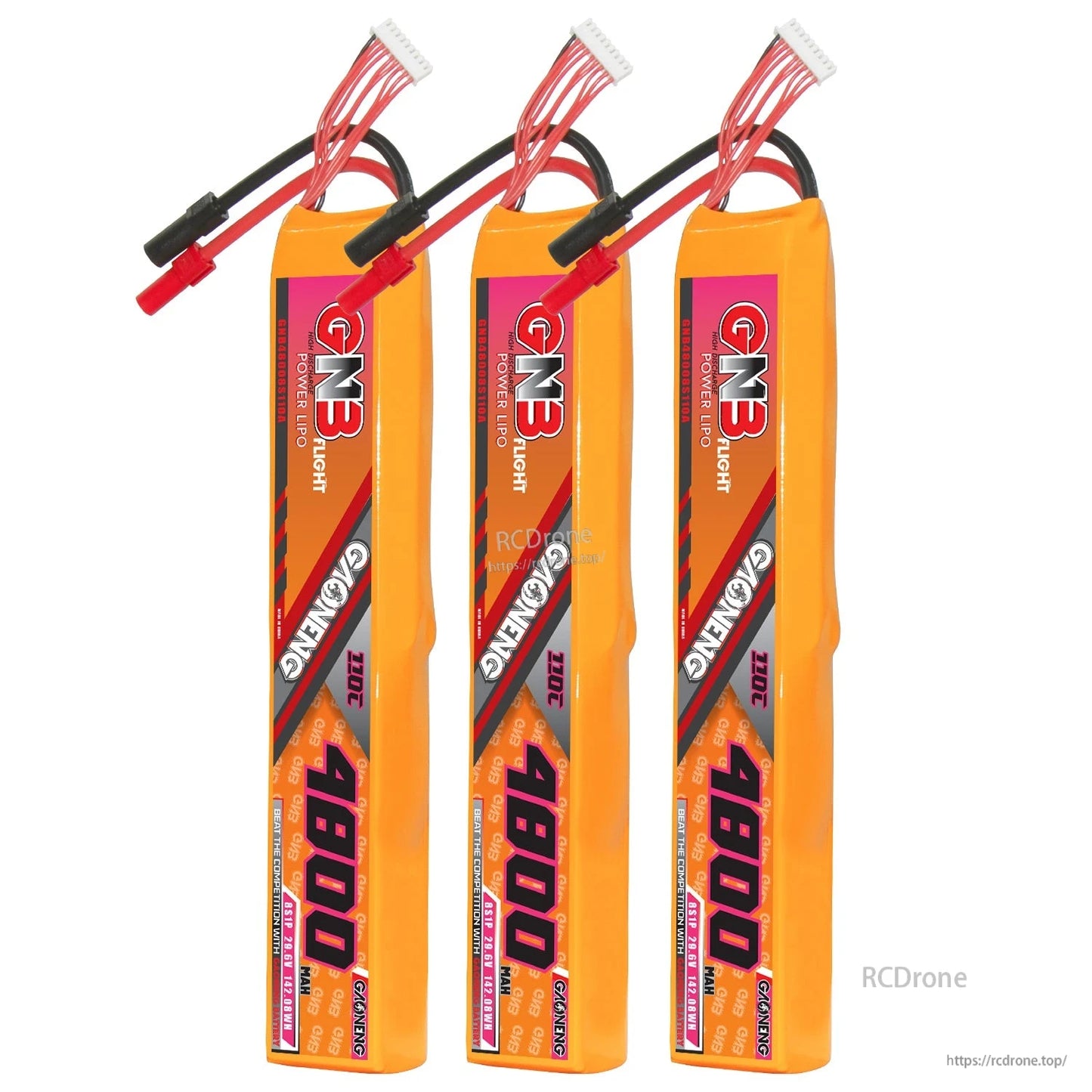 Three battery packs displayed upright side-by-side, showing label, balance leads, and XT150 connectors