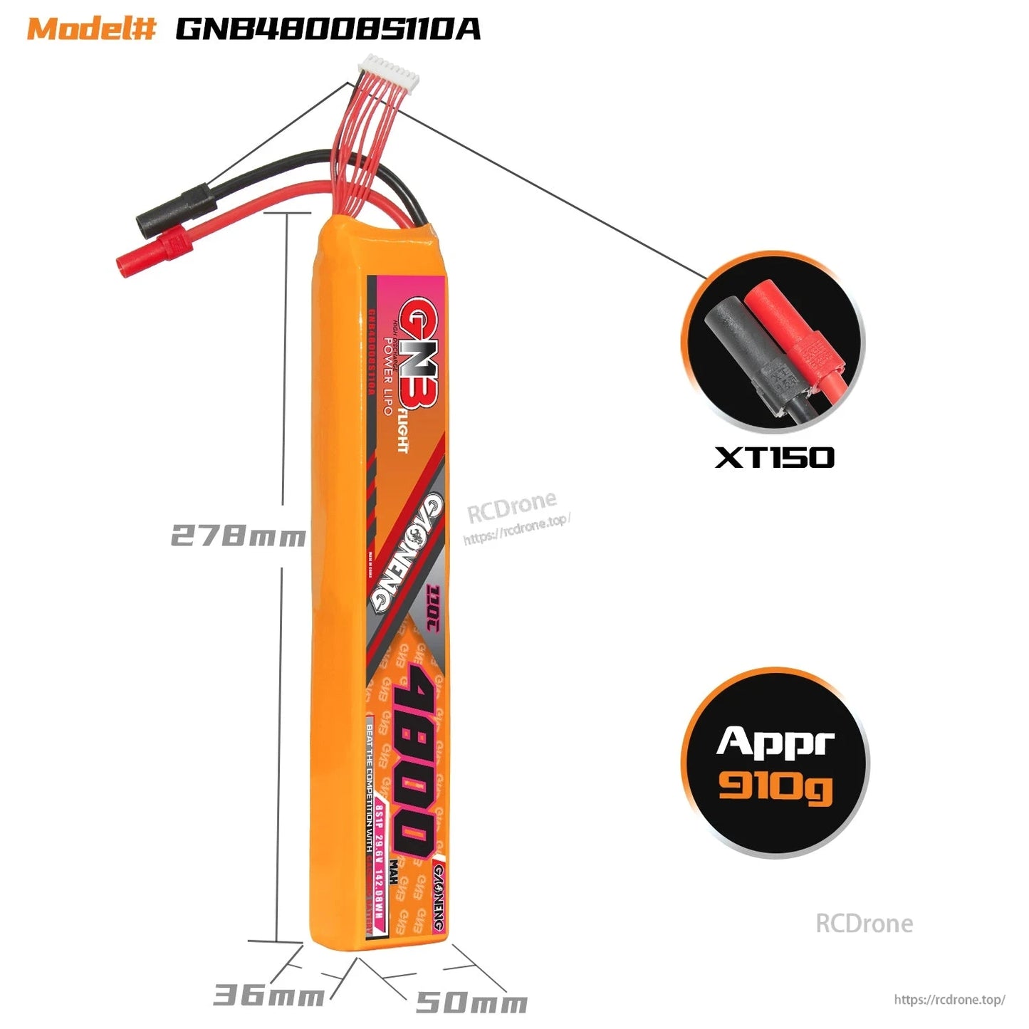 Battery dimensions diagram showing 278 mm length, 36 mm height, 50 mm width and XT150 connector, approx 910 g