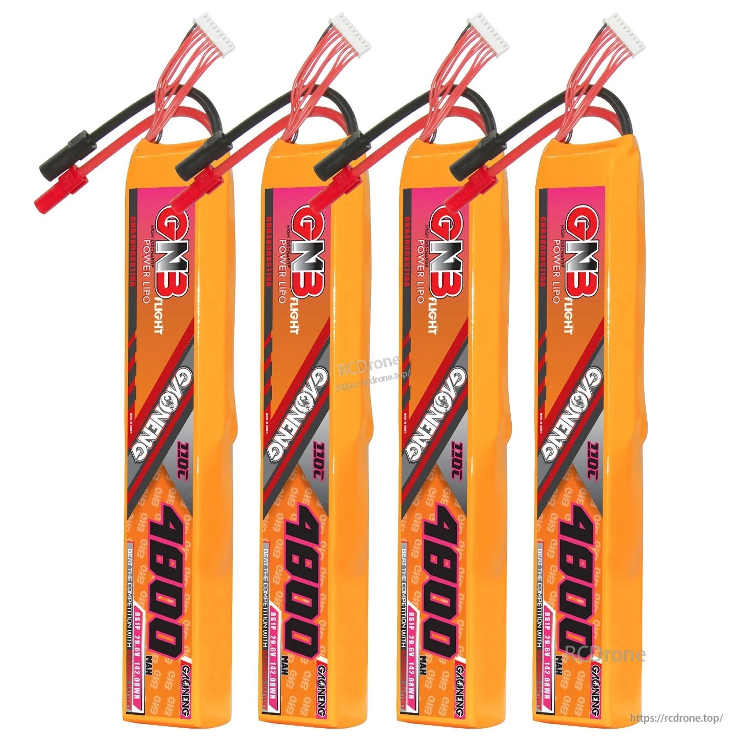 Four battery packs displayed upright side-by-side with balance leads and XT150 discharge connectors