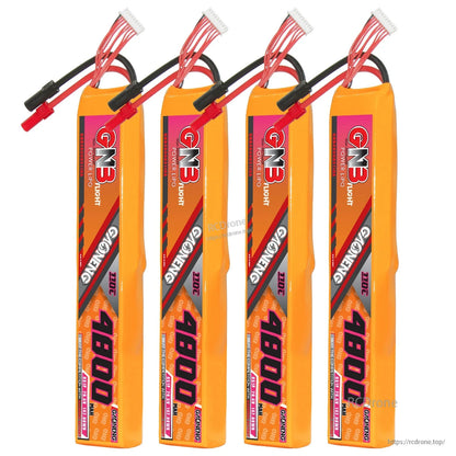 Four battery packs displayed upright side-by-side with balance leads and XT150 discharge connectors