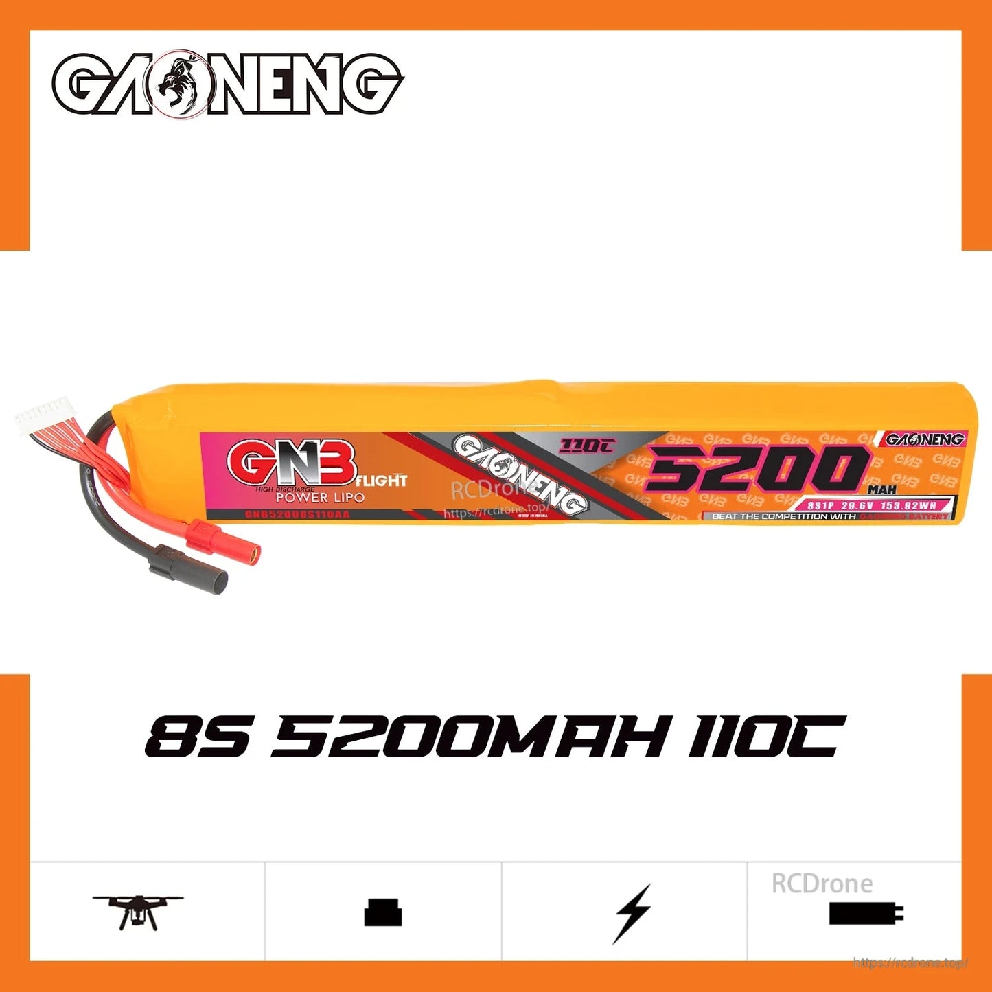 GAONENG GNB 8S 5200mAh 110C LiPo battery banner graphic with product photo and icons