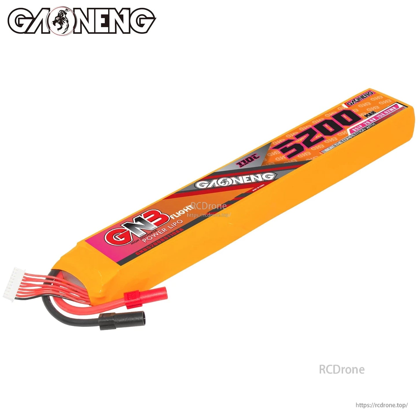 Angled top view of GNB 8S 5200mAh 110C LiPo battery showing label and balance connector