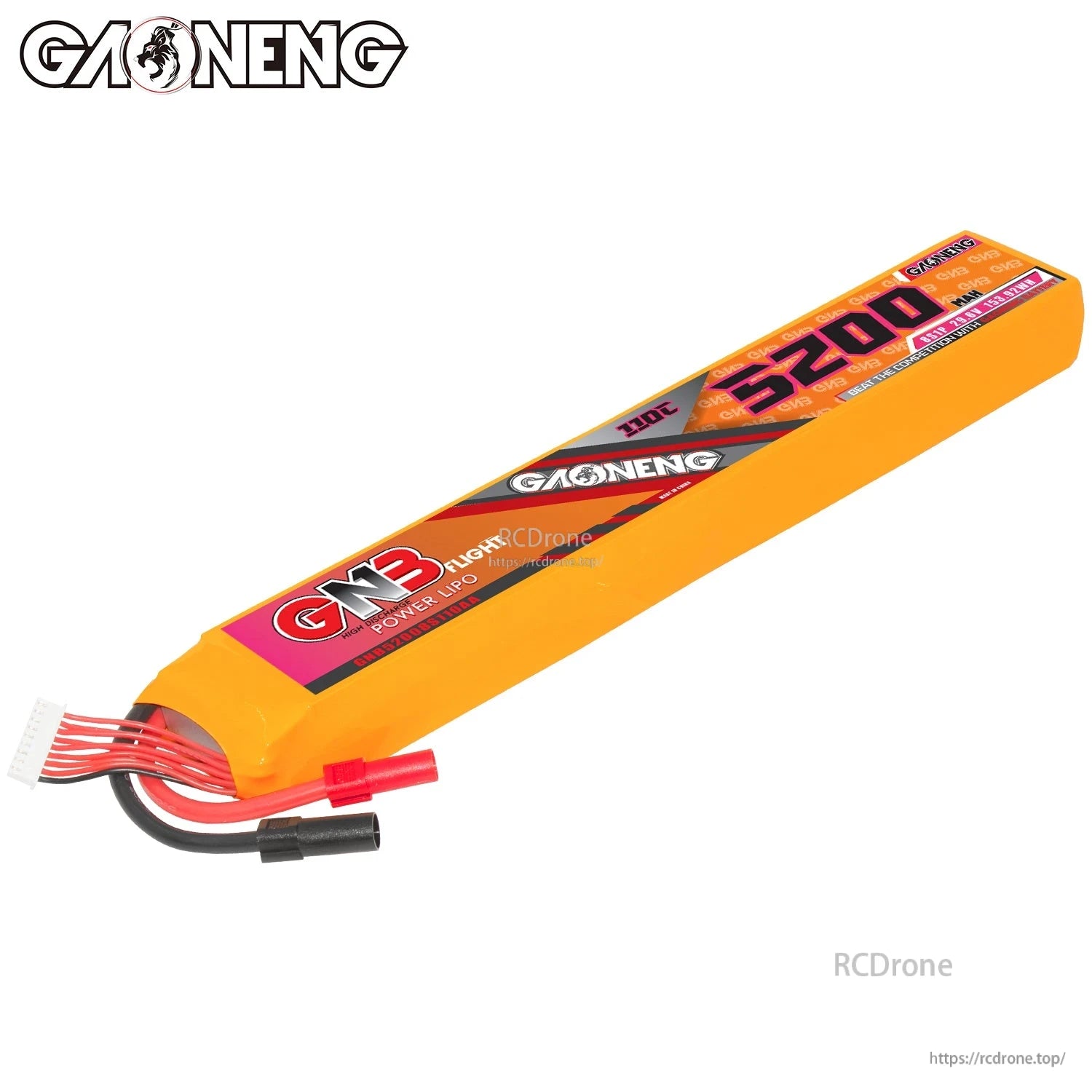 Angled top view of GNB 8S 5200mAh 110C LiPo battery showing label and balance connector