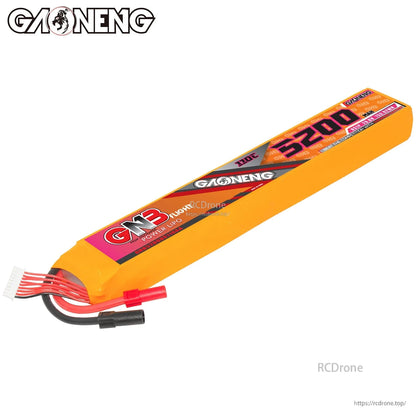 Angled top view of GNB 8S 5200mAh 110C LiPo battery showing label and balance connector