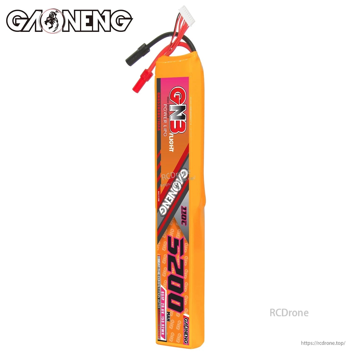 Front view of GAONENG GNB 8S 5200mAh 110C LiPo battery standing upright with leads on top