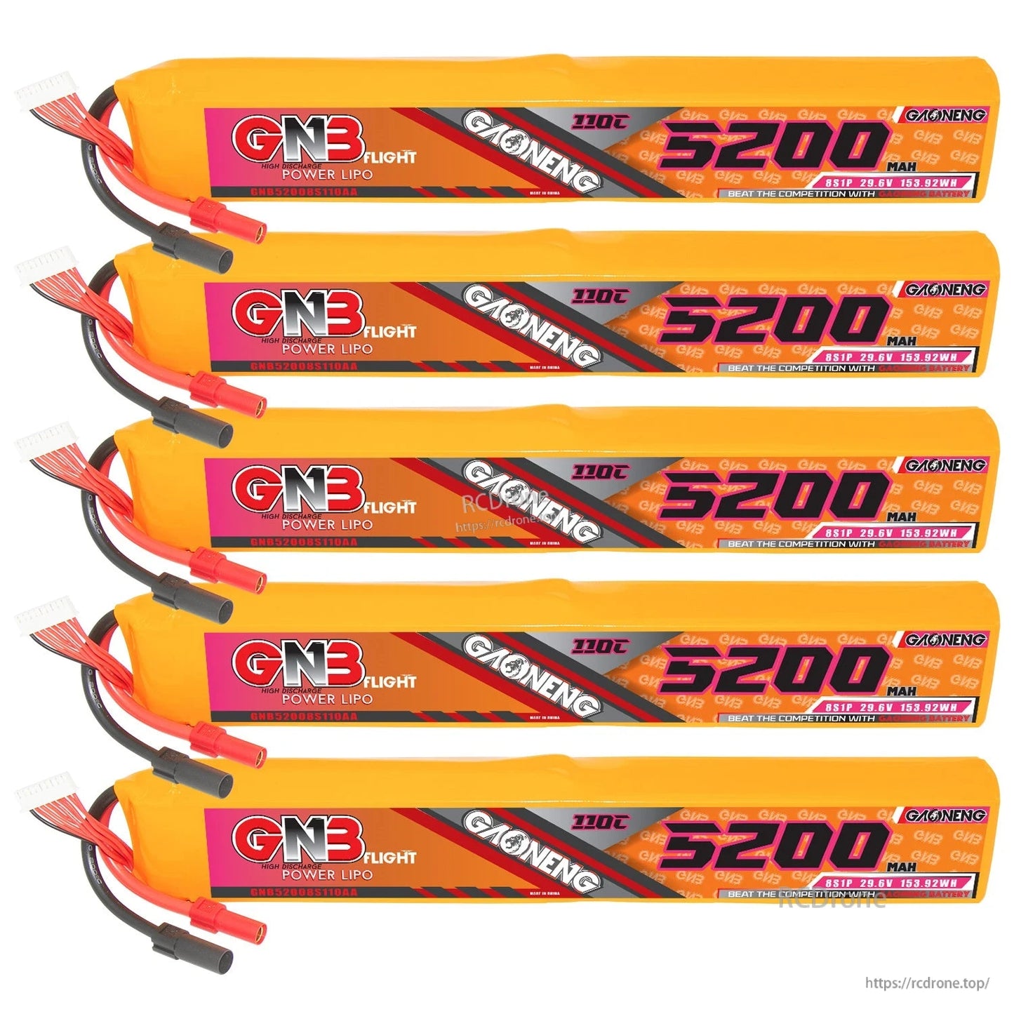 Five GNB 8S 5200mAh 110C LiPo battery packs stacked in a row with discharge and balance leads