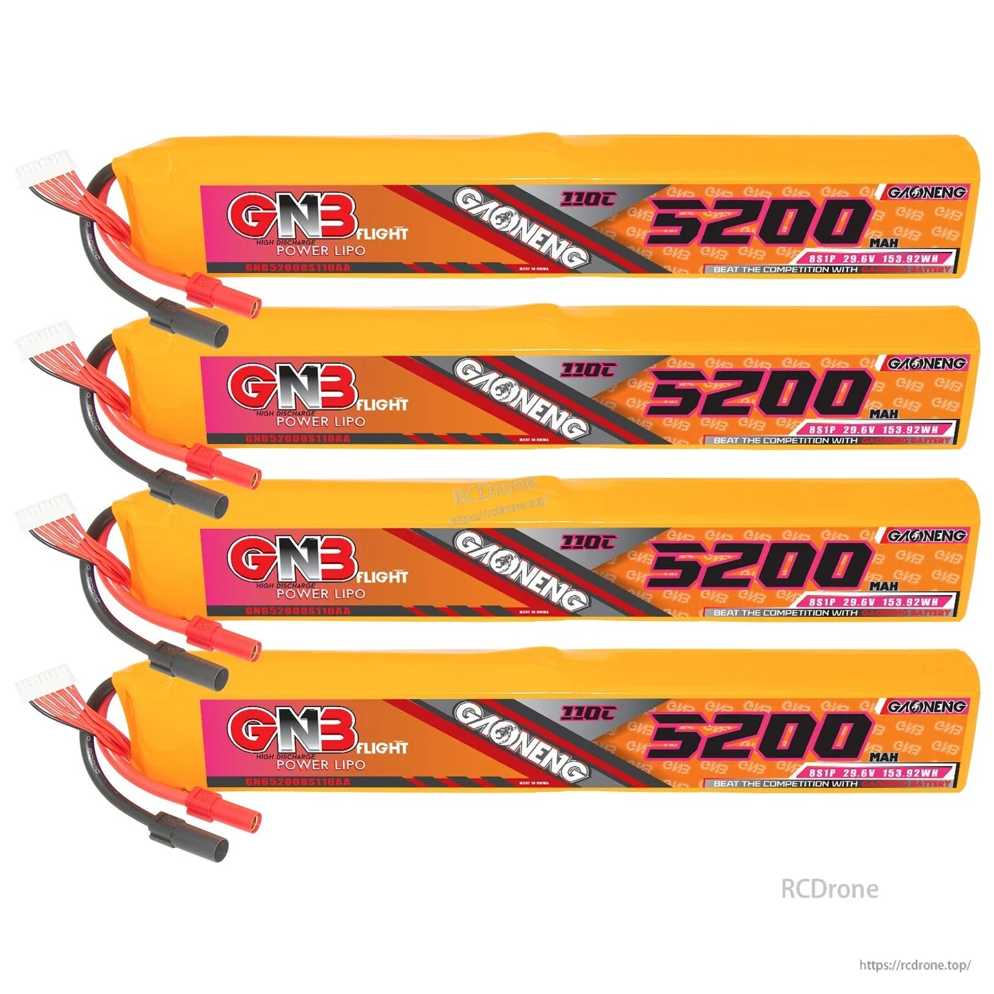 Four GNB 8S 5200mAh 110C LiPo batteries stacked, showing matching labels and connectors