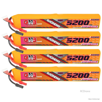 Four GNB 8S 5200mAh 110C LiPo batteries stacked, showing matching labels and connectors