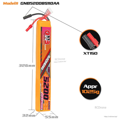 GNB 8S 5200mAh LiPo battery size diagram (326×55×32mm) with XT150 plug and approx 1025g