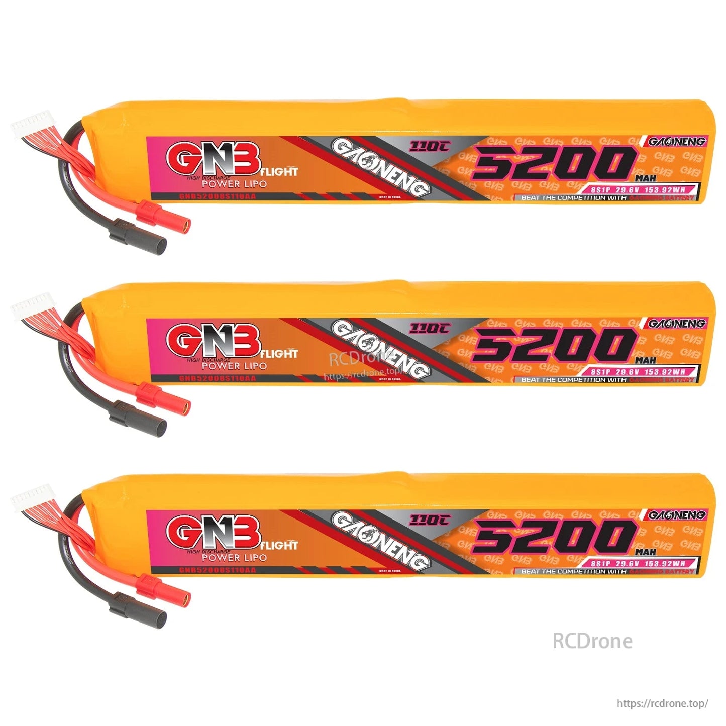 Three GNB 8S 5200mAh 110C LiPo battery packs lineup showing label side and wiring leads