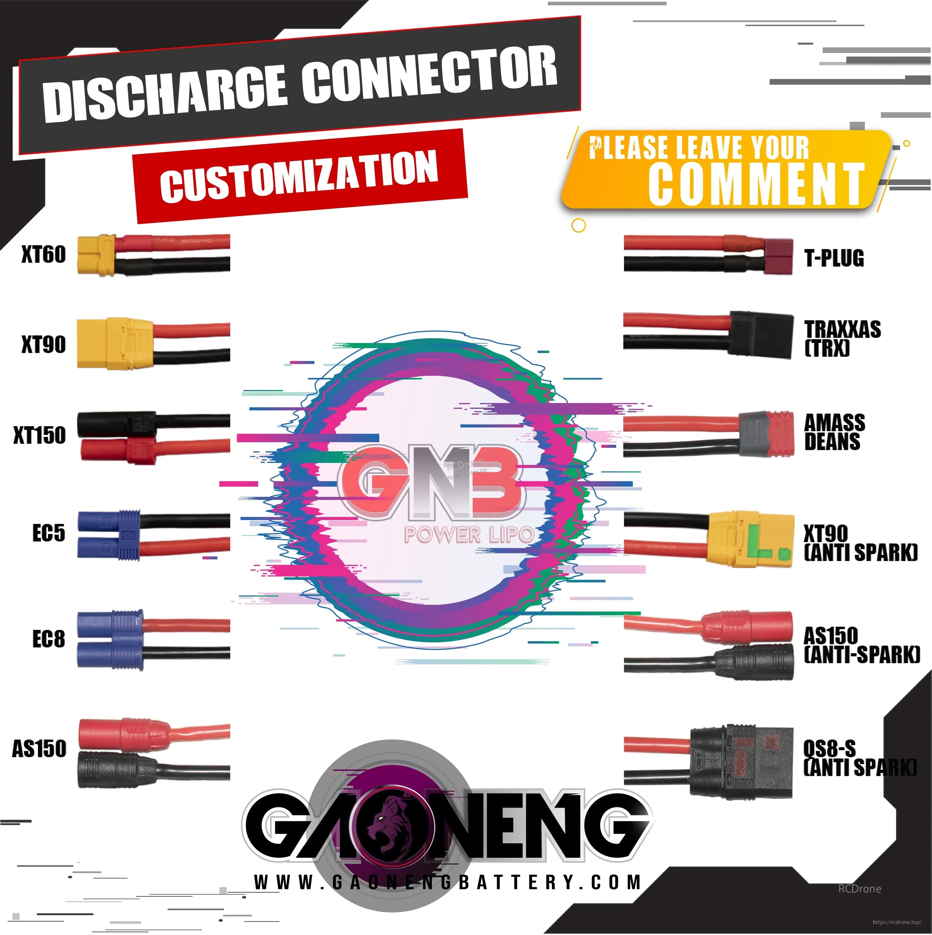 GNB discharge connector customization options chart for LiPo packs (XT60, XT90, XT150, EC5, EC8, AS150, QS8-S)