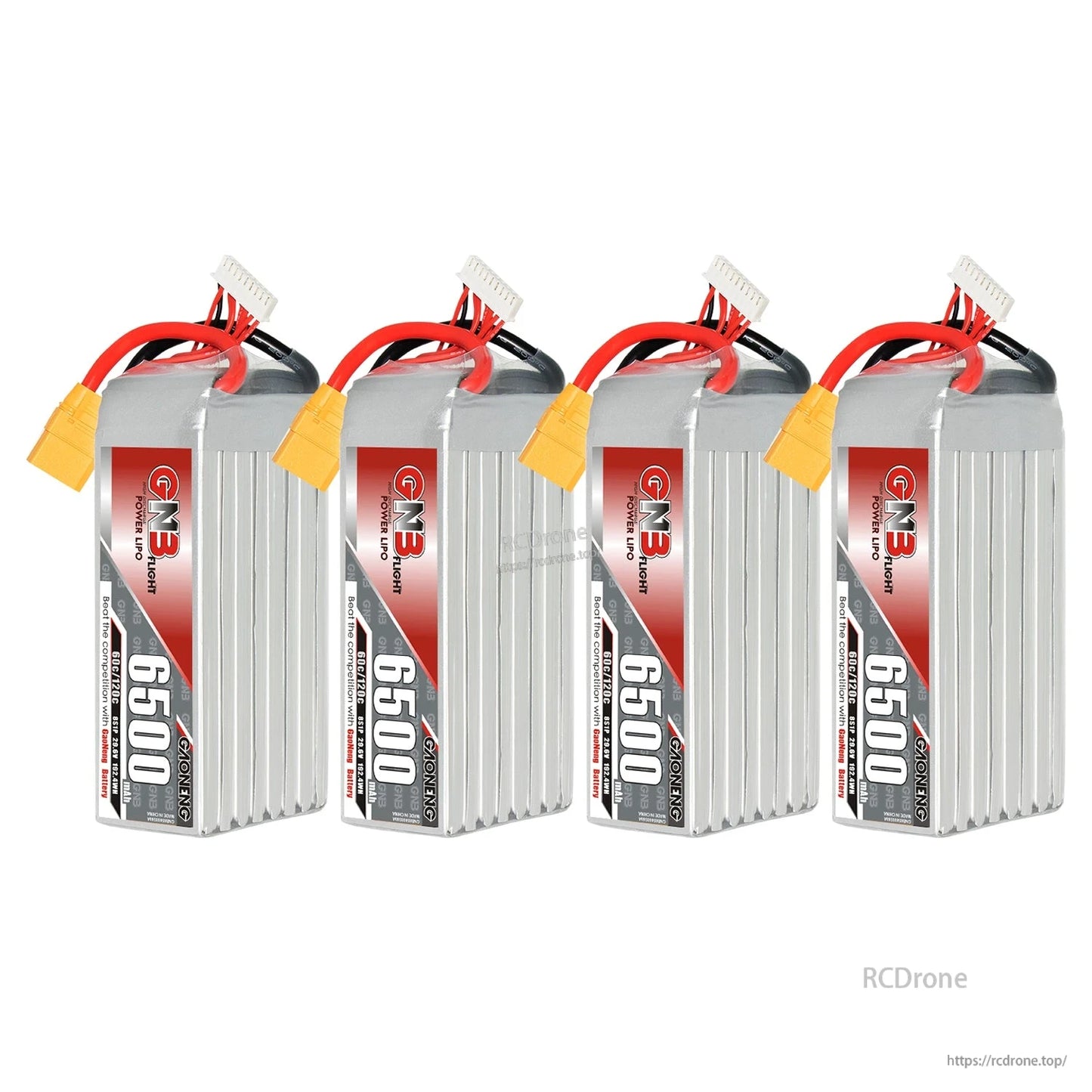 Four GNB 6500mAh LiPo batteries lineup, each with yellow XT90 connector and balance plug