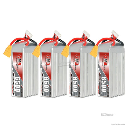 Four GNB 6500mAh LiPo batteries lineup, each with yellow XT90 connector and balance plug