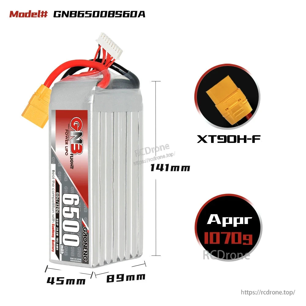 GNB65008S60A battery size and connector chart: 141×89×45 mm, XT90H-F plug, approx 1070 g