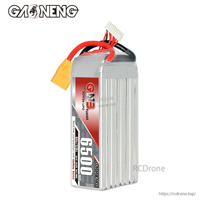 GNB 6500mAh battery front label view with red/black power leads and white balance connector