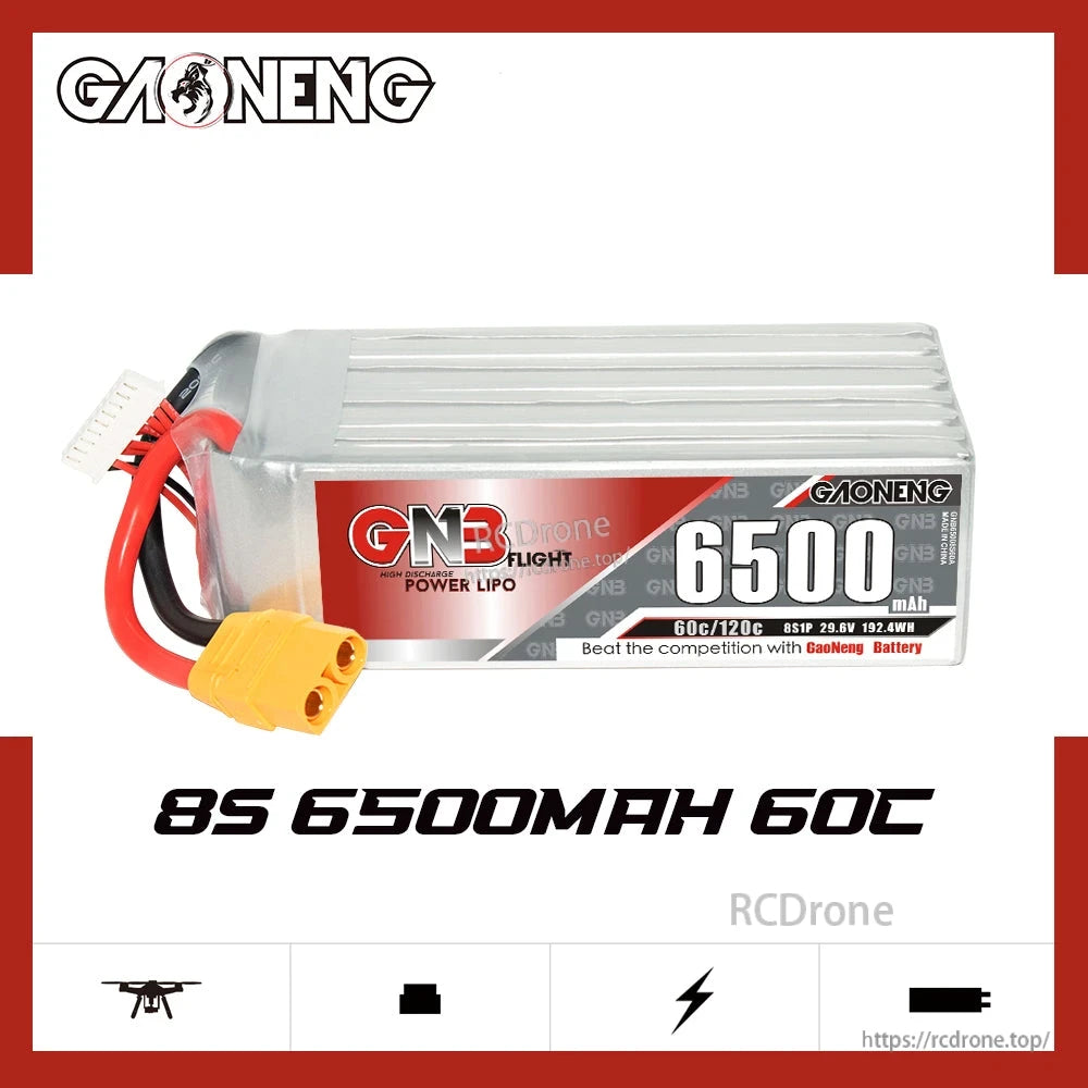 GAONENG GNB 8S 29.6V 6500mAh 60C LiPo Battery side label view with XT90 plug