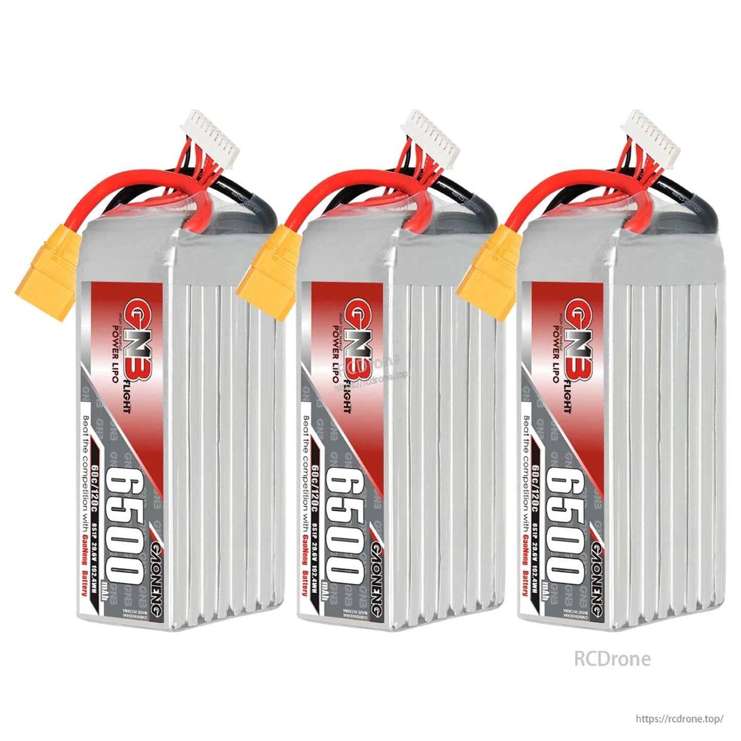Three GNB 6500mAh LiPo batteries lineup with XT90 connectors and balance leads visible