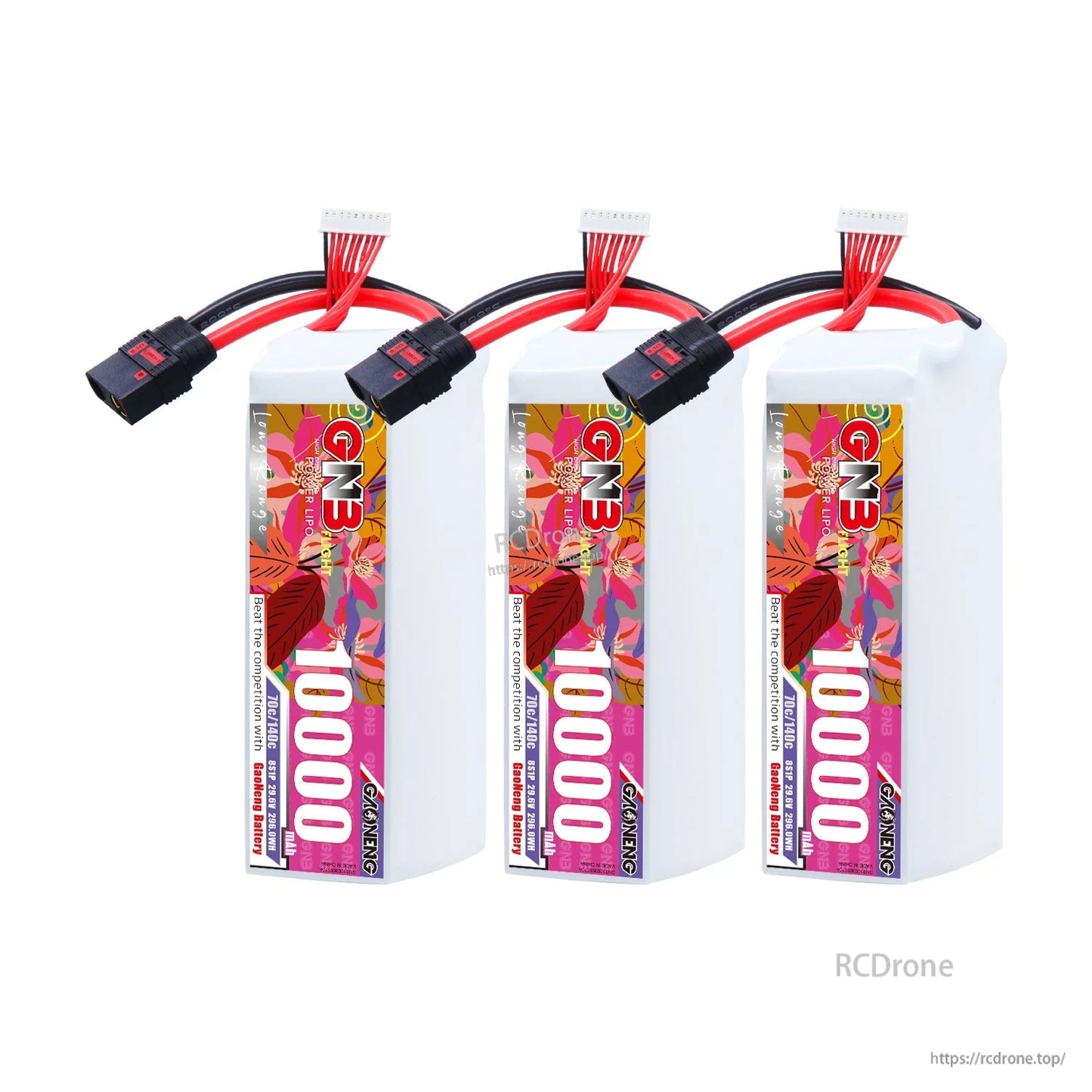 Three-pack display of GNB 10000mAh LiPo batteries with QS8 connectors, front label facing