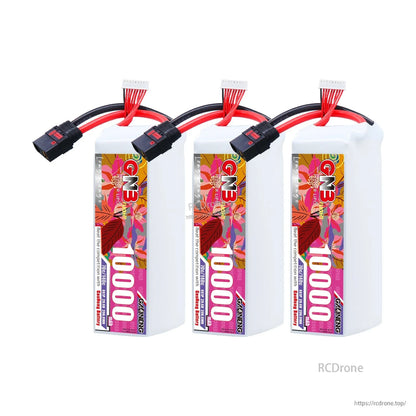 Three-pack display of GNB 10000mAh LiPo batteries with QS8 connectors, front label facing
