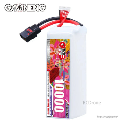 Upright side view of GAONENG GNB 10000mAh LiPo battery showing main capacity label and balance lead