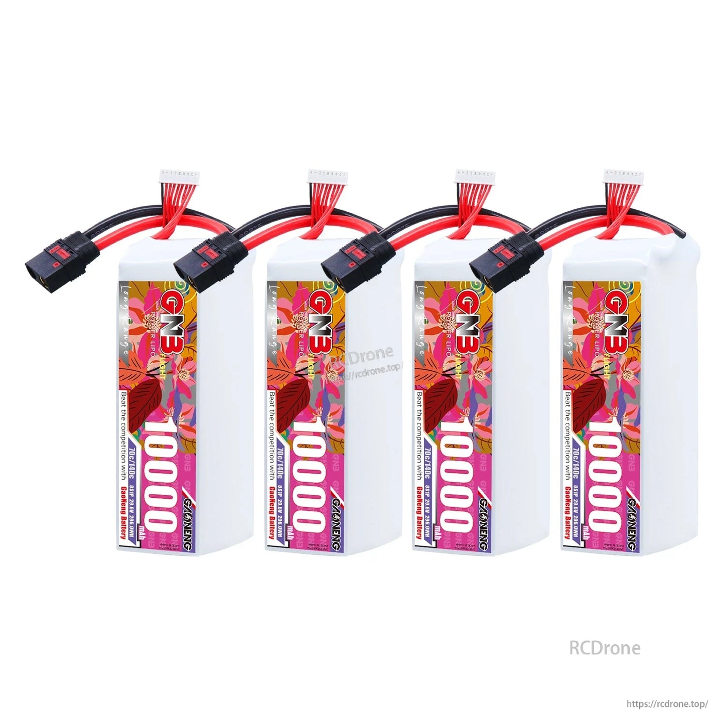 Four-pack display of GNB 10000mAh LiPo batteries with QS8 connectors, aligned side by side