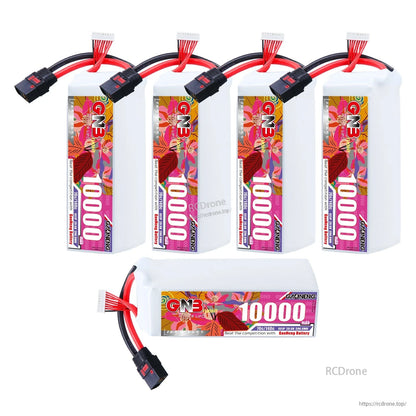 Bundle layout with four upright batteries and one horizontal GNB 10000mAh pack, all with QS8 leads