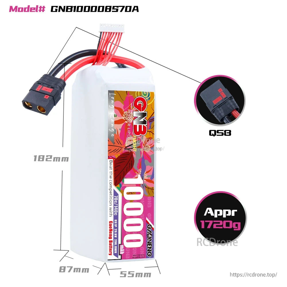 Battery dimensions diagram showing 182mm length, 87mm height, 55mm width, QS8 plug and ~1720g