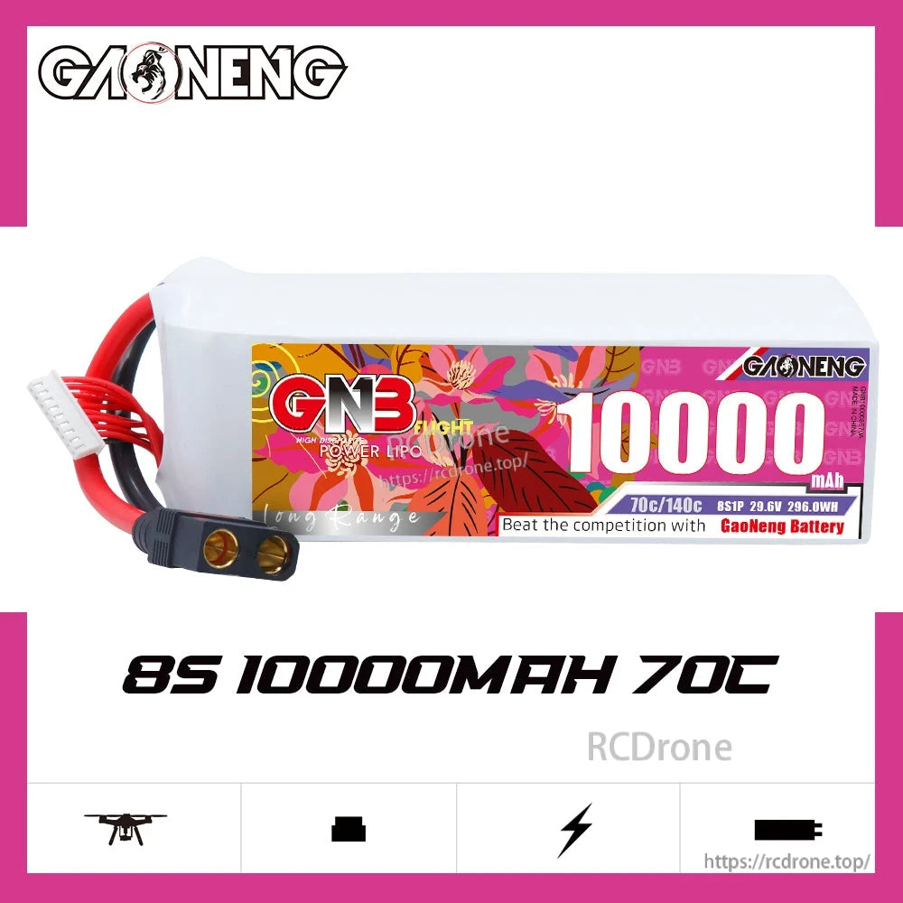 GAONENG GNB 8S 10000mAh 70C LiPo battery with QS8 connector, side label product graphic
