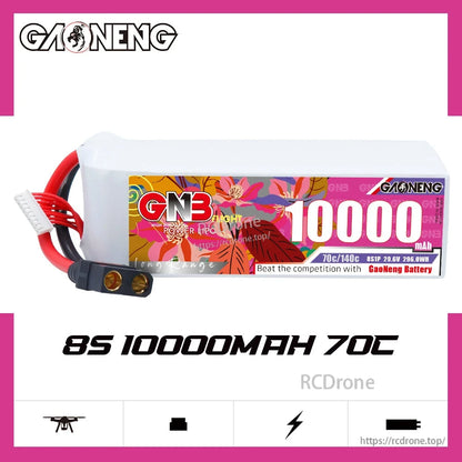 GAONENG GNB 8S 10000mAh 70C LiPo battery with QS8 connector, side label product graphic