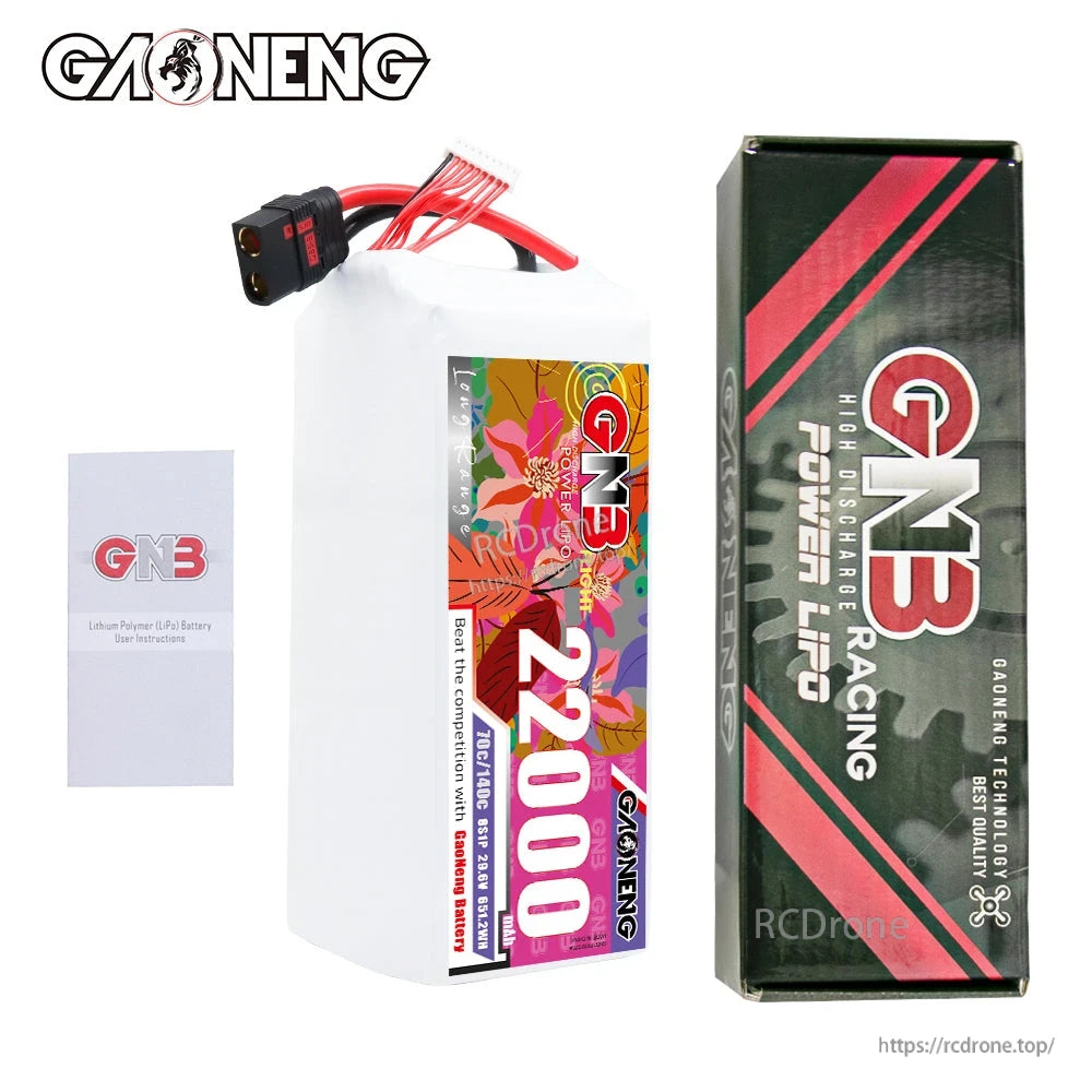 Package contents: GNB 22000 battery, retail box, and small user manual leaflet