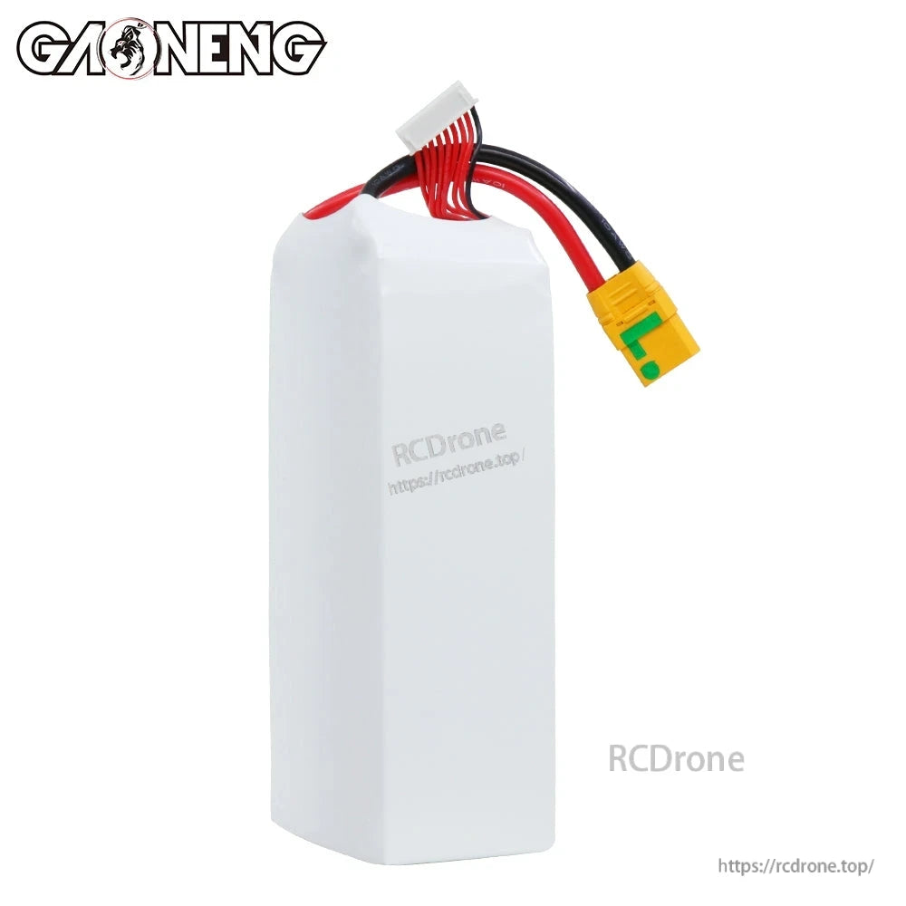 Rear/blank side view of white hardcase LiPo battery showing XT90S lead and 8S balance plug