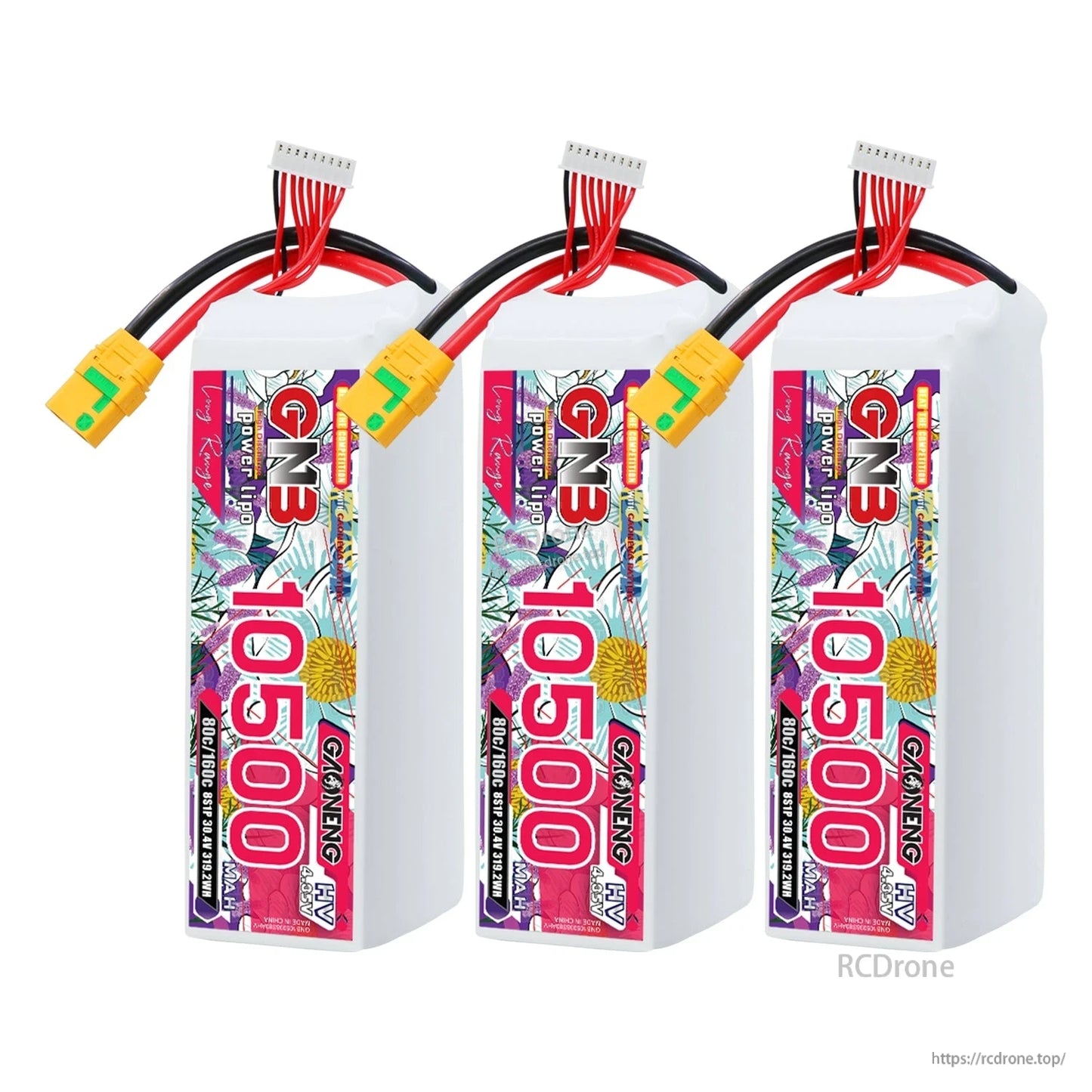 Three-pack lineup of GNB 10500 8S HV LiPo batteries with XT90S connectors