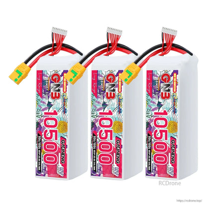 Three-pack lineup of GNB 10500 8S HV LiPo batteries with XT90S connectors