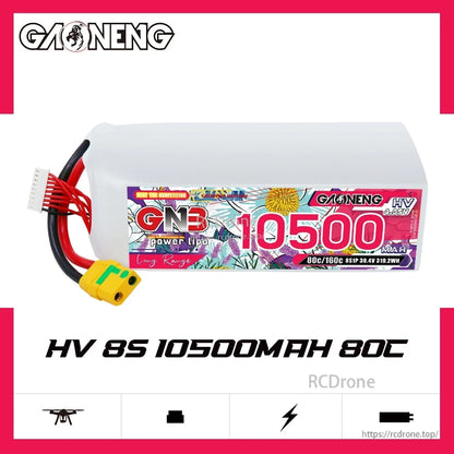 GNB HV 8S 10500mAh 80C LiPo battery product graphic showing side label and leads