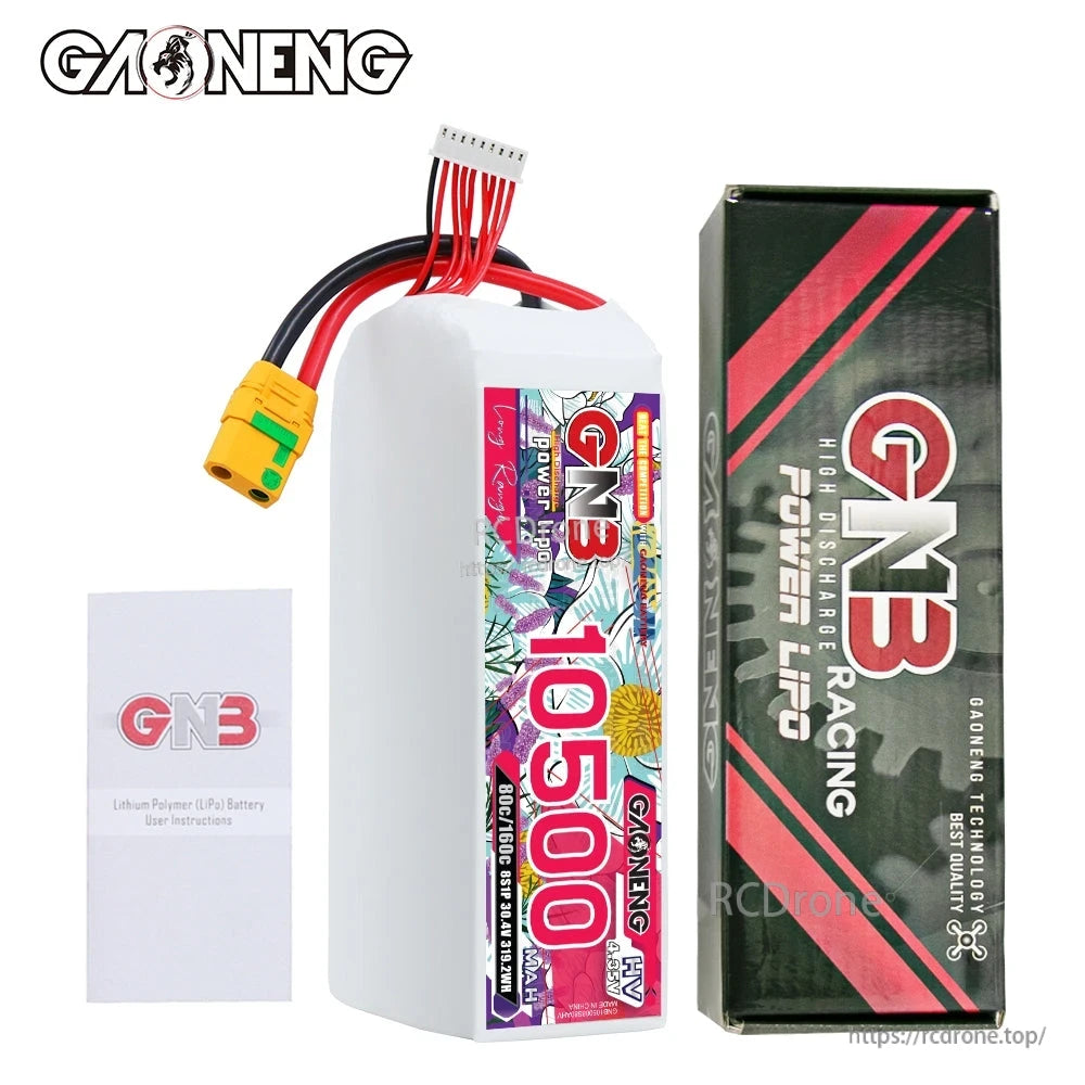 Package contents: GNB 10500 8S HV LiPo battery, retail box, and instruction leaflet