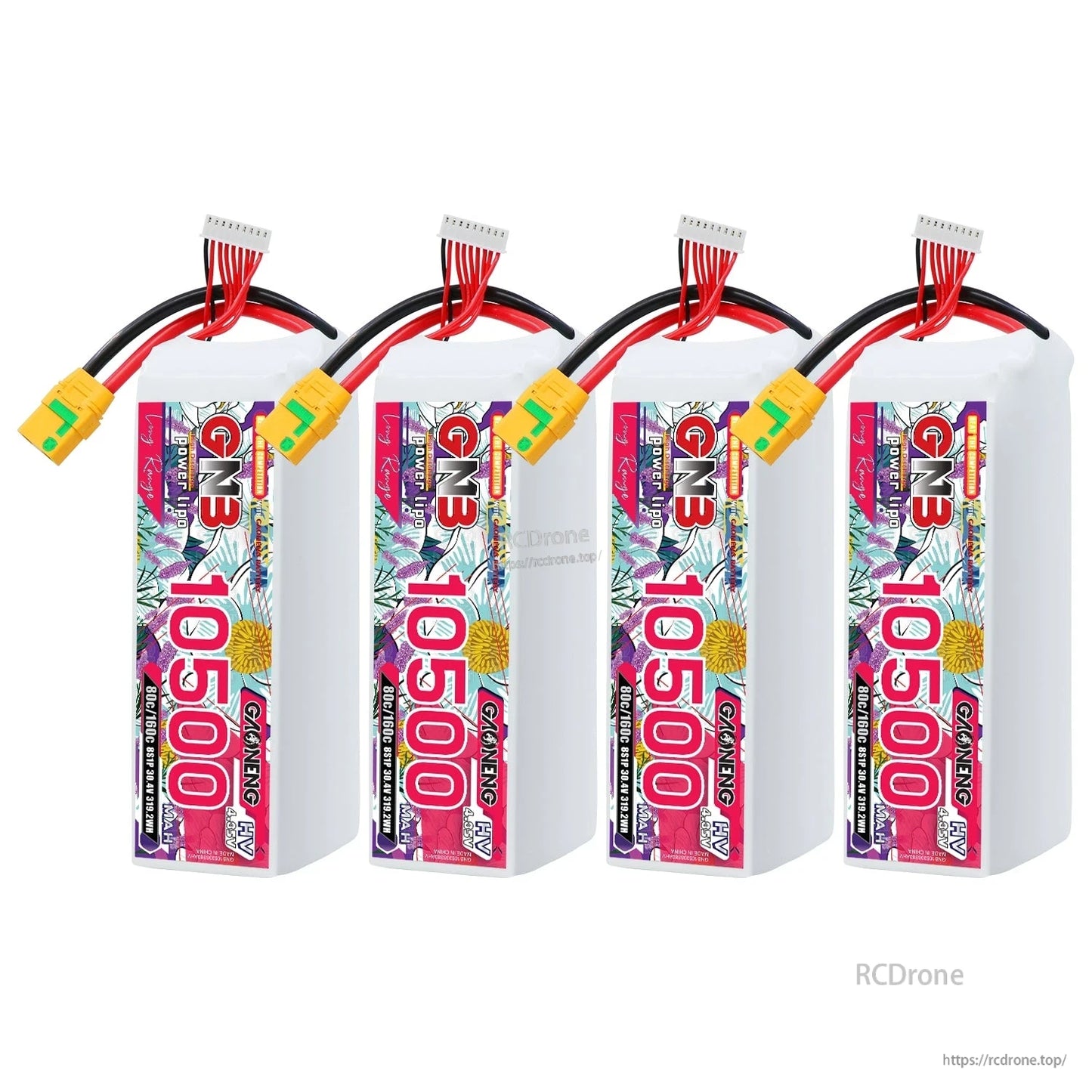 Four GNB 10500 8S HV LiPo batteries shown upright with XT90S leads