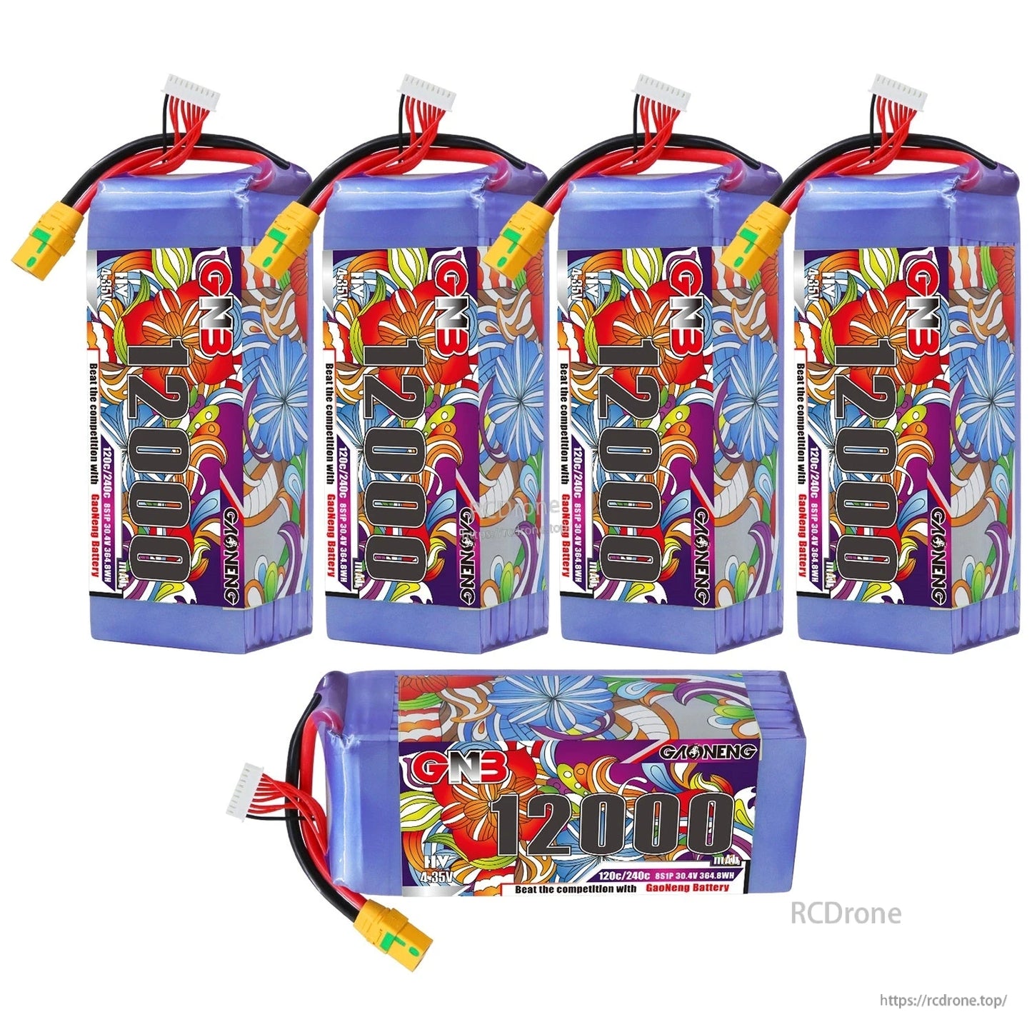 Five GAONENG GNB 12000 battery packs shown, four upright plus one horizontal, connectors visible