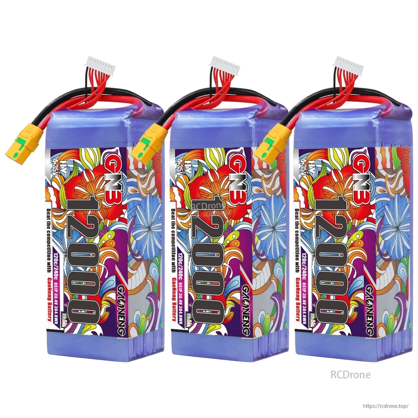 Three GAONENG GNB 12000 battery packs shown upright, each with XT90S-F connector and balance plug
