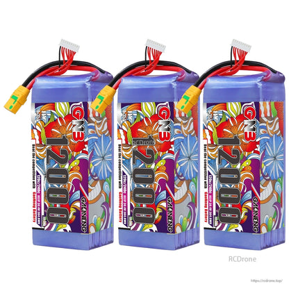 Three GAONENG GNB 12000 battery packs shown upright, each with XT90S-F connector and balance plug