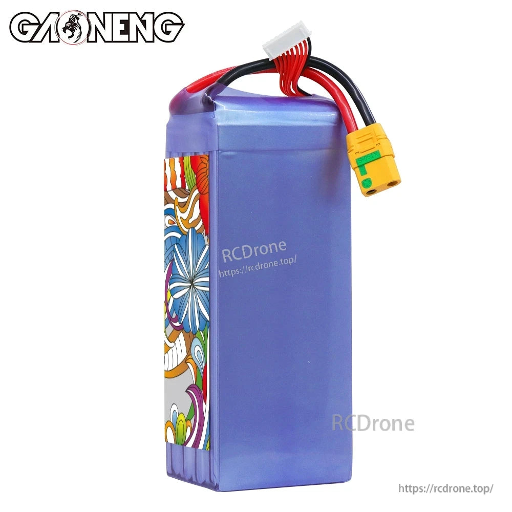 Side view of GAONENG GNB battery pack showing blue shrink wrap and XT90S-F power lead