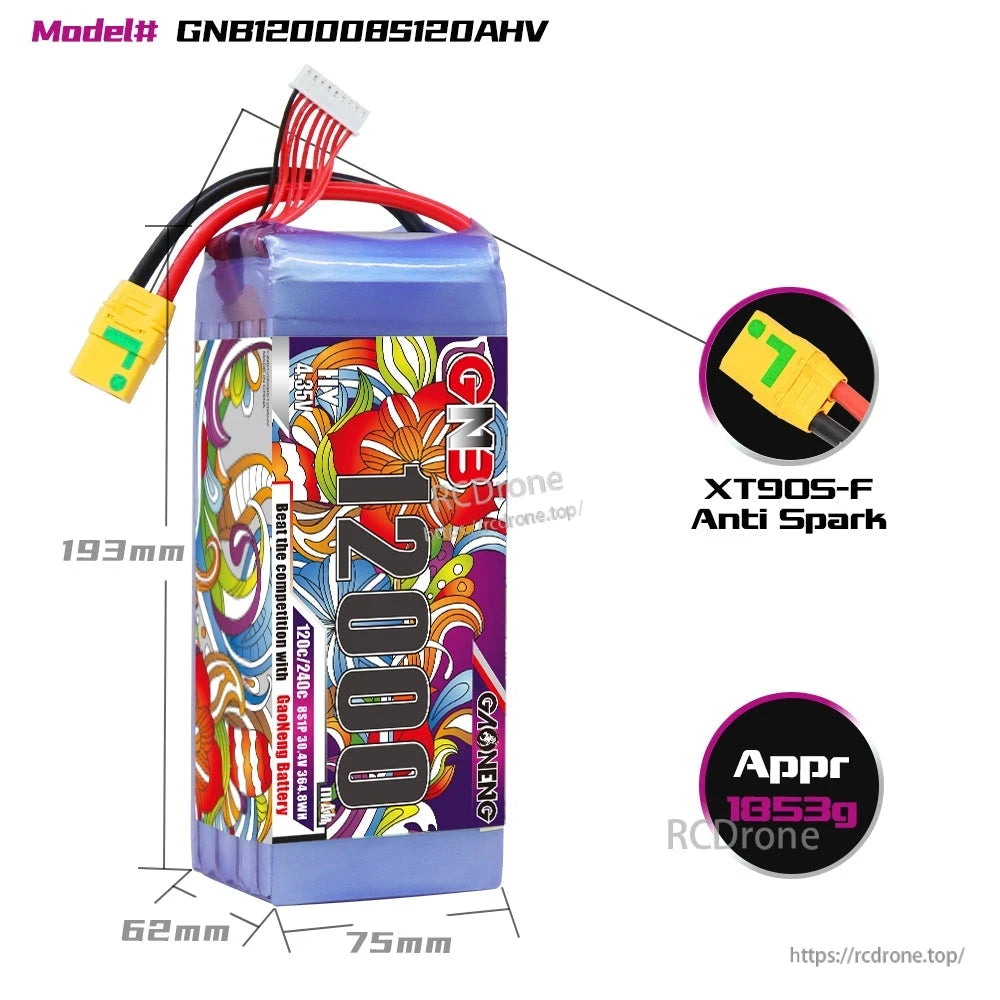 GNB12000 8S HV LiPo battery size diagram with dimensions, XT90S-F anti-spark connector and approx weight
